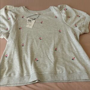 Chelsea & Theodore Light Gray Tee with Pink Rose Embroidery